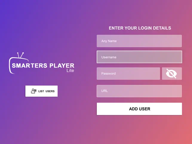 Tela de login do Smarters Player Lite no iPhone com usuário, senha e servidor