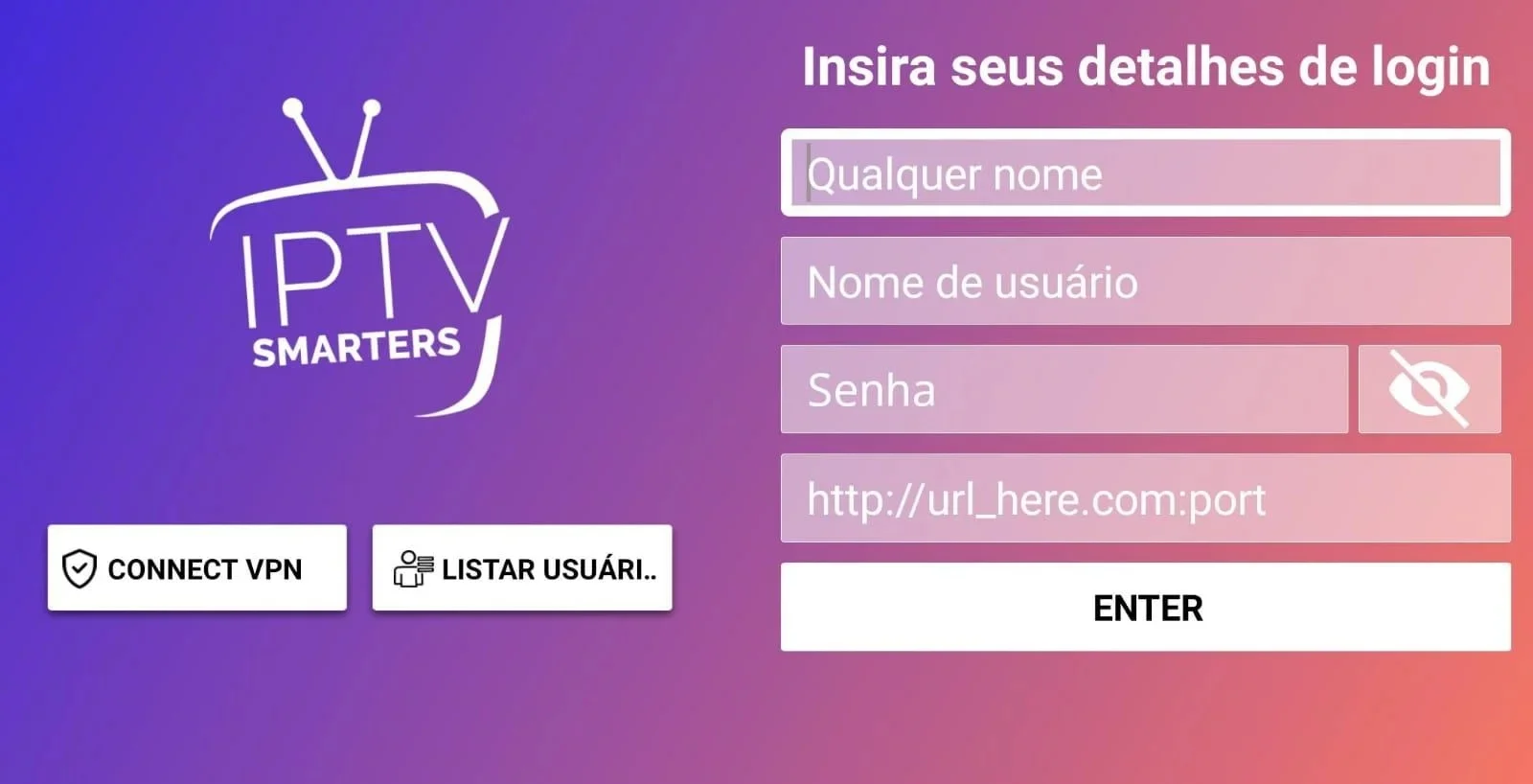 Tela de login do IPTV Smarters Player com nome, usuário, senha e DNS