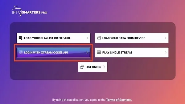 Opção XTREAM CODE API no IPTV Smarters Player